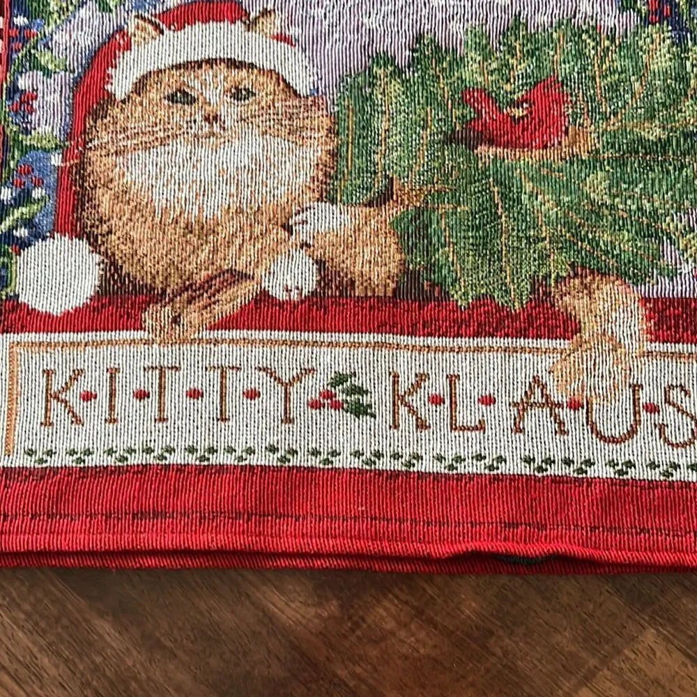 Vintage Set (2) Tapestry Rectangle Christmas Kitty Klaus Cotton Blend Placemats